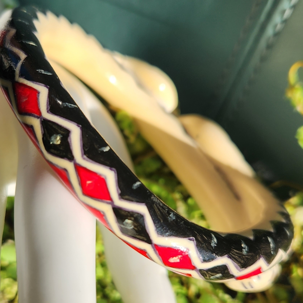 20s SNAKE Serpent Cuff Bangle Art Deco Ivorine Harlequin Handpainted Bracelet - Picture 16 of 16